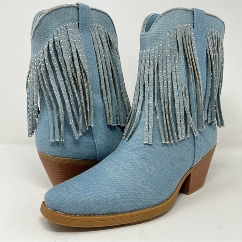 Sugar Light Blue Fringe Ankle Boots
